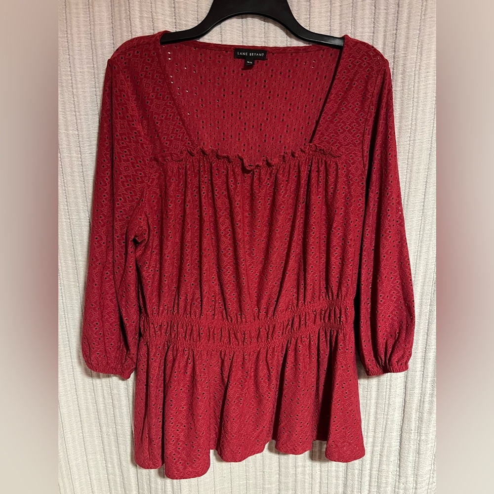 Lane Bryant Red Long Sleeve Eyelet Top